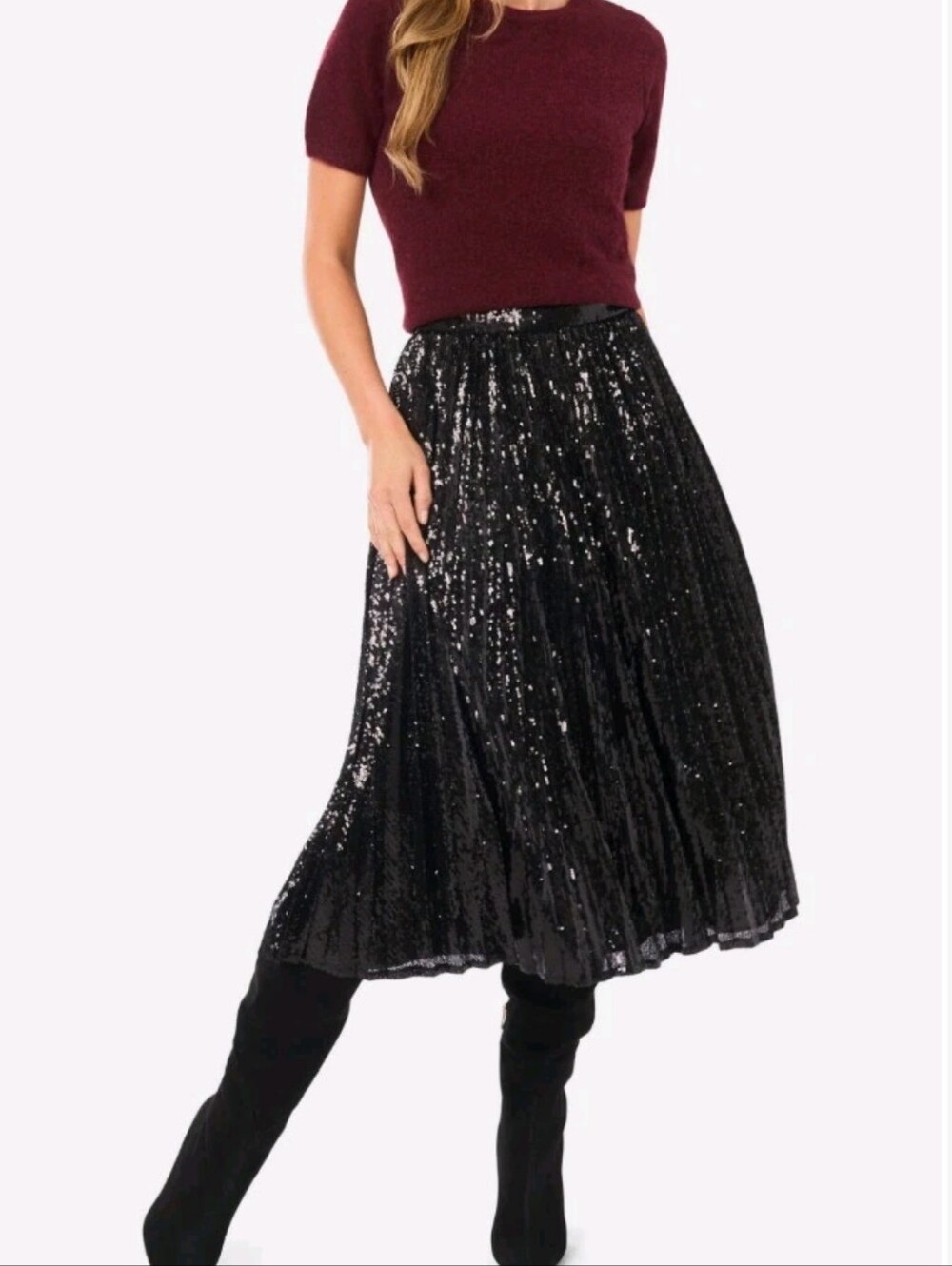 Halogen Size Medium Black Sequin Pleated Midi Skirt Msrp $119